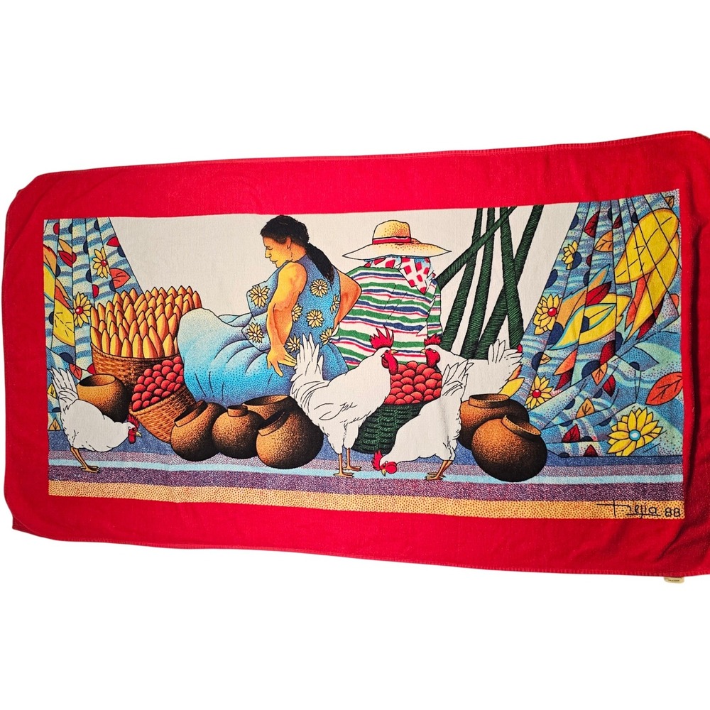 Vintage 1988 Helia Beach Towel Red Folk Art Marketplace Chickens fowers 56x28